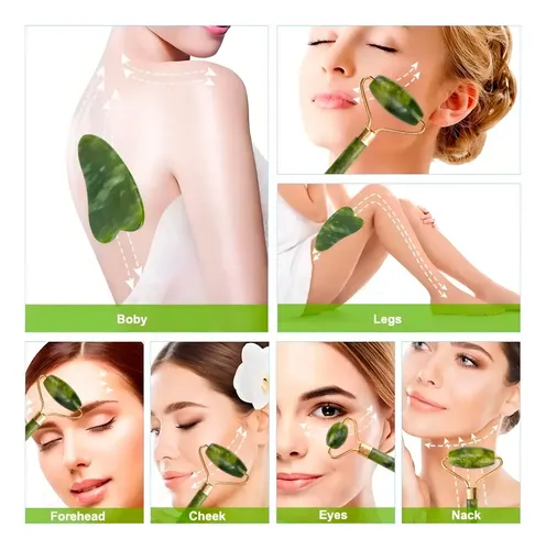 Kit Masajeador Facial Jade Rodillo +piedra Guasha-natural Color Verde