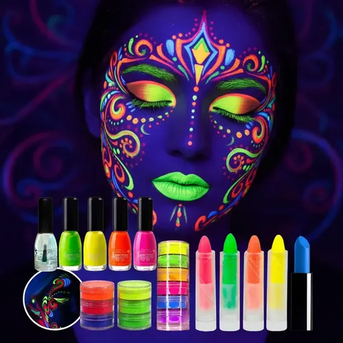 Kit Maquillaje Fluo Neon Artístico Pigmentos Labial Esmaltes