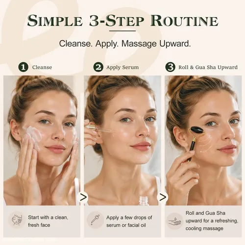 Set Masajeador Facial Jade Roller Gua Sha 3 Piezas Negro