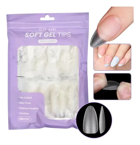600 Tips Soft Gel City Girl Ultra Finas Pre Limadas Manicura Almendra Corta
