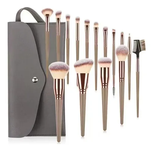 Set 15 Brochas De Maquillaje Con Estuche Gris