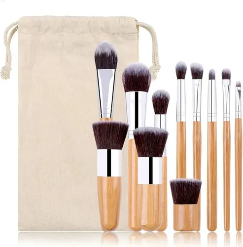 Set 11 Brochas Maquillaje Profesional Mango Bambú Marrón