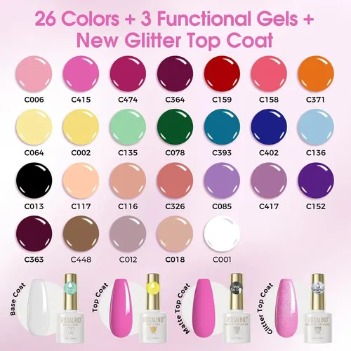 Conjunto De Gel Uv Rosalind 30 Piezas Con Base Y Top Coat