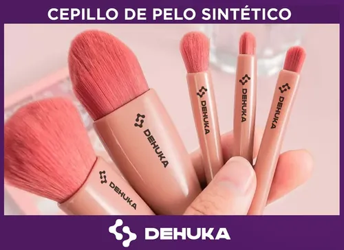 Set X5 Brochas Y Pinceles Maquillaje Profesional Sintéticos Con Estuche Espejo Rosa Dehuka