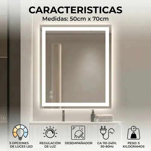 Espejo LED Rectangular 50×70 Kitchen West Digital Luz Fría Cálida Neutra Desempañador