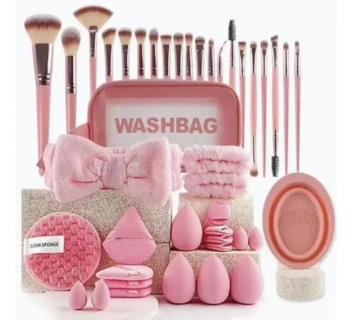 Yan Set 42 Brochas Y Esponjas Maquillaje Con Cosmetiquera
