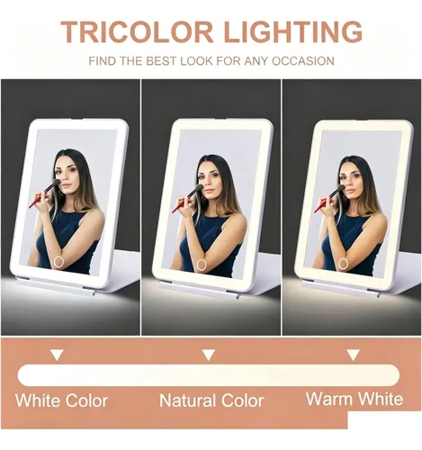 Espejo De Maquillaje Led Plegable Con 3 Colores De Luz Y Lup