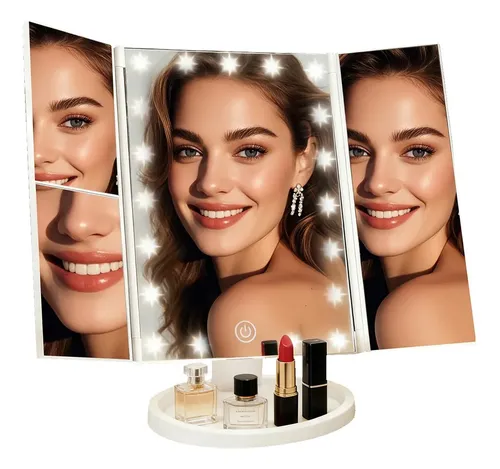 Espejo de Maquillaje Plegable con Triple LED y Aumento 3X para Maquillaje de Rostro, Recargable por USB, con Base Organizadora de 180°