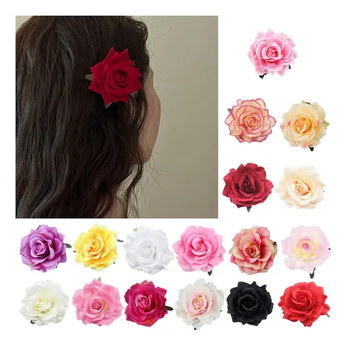 (bp) Broche Floral De Tela Con Clip Rosa Para El Pelo