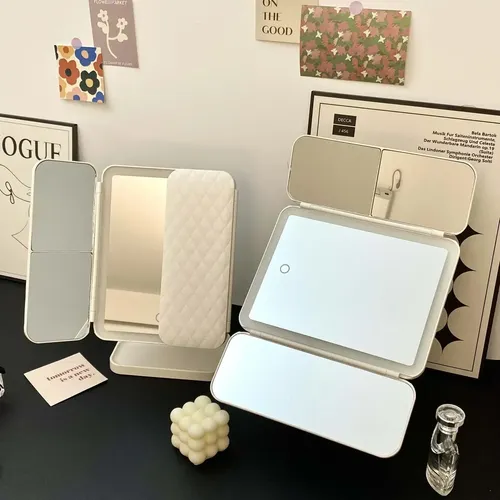 Espejo Maquillaje Led Triple Plegable 3 Modos Luz Aumento