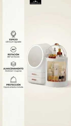 Organizador De Maquillaje NORTH LEVEL Con Espejo Y Luz LED Para Tocador
