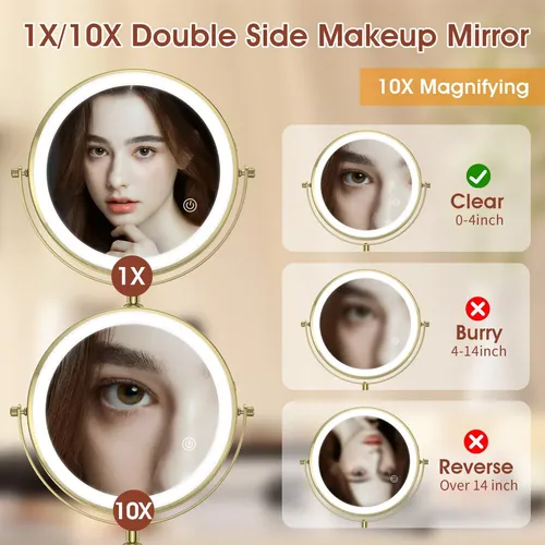Espejo De Maquillaje Milprox 20 Cm Con Aumento 10x Y 3 Luces