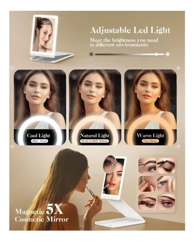 Espejo Para Auto Y Maquillaje Led Plegable Triple Luz Coche Blanco