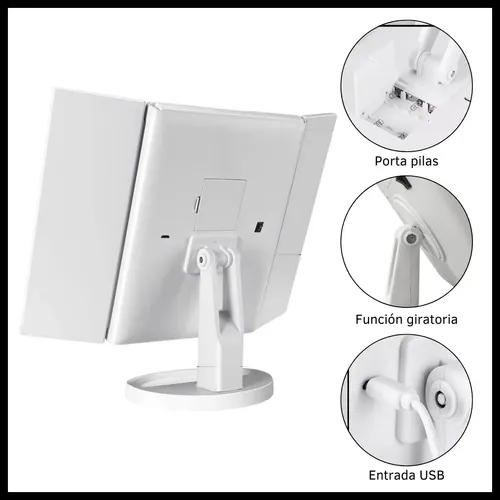 Espejo Triple Maquillaje Tocador Luz Led 3 Tonos C/ Aumento