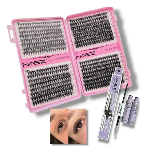 Kit Extensiones De Pestañas Naez Cluster Mix Bond & Seal 20d+30d+40d+50d D Largos Mix