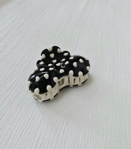 Broche Pelo Pinza Moño Negro Corazones Blancos Negro