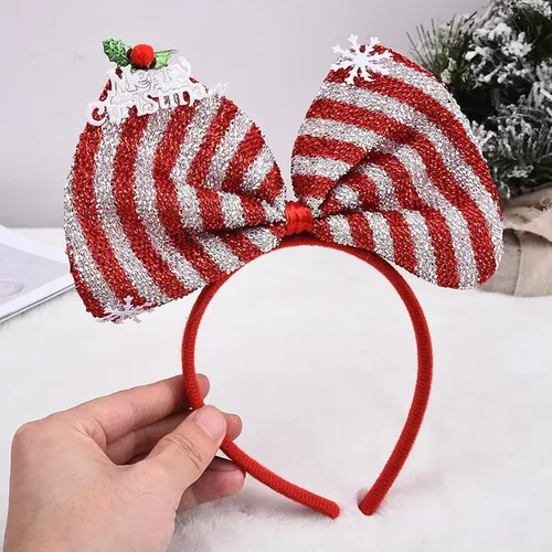 Diadema Con Lazo Navideño, Raya Roja Y Blanca