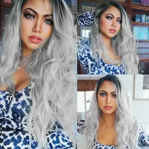 `ld Peluca Larga De Mujer Color Gris Degradado Pelo Ola `fhj