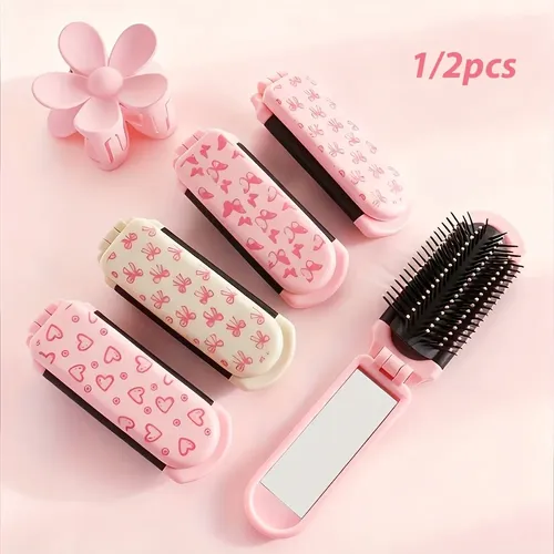 Cepillo Plegable Compacto Con Espejo Rosa