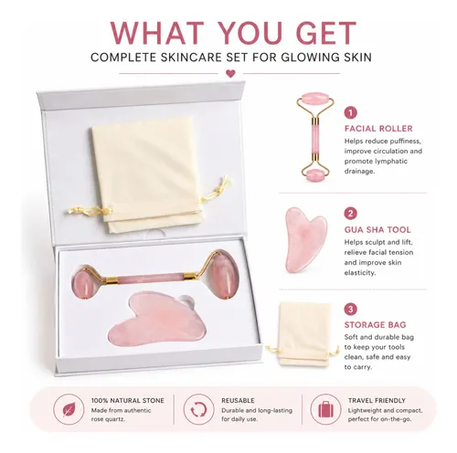 Set Rodillo Facial Y Gua Sha Cuarzo Rosa Masajeador