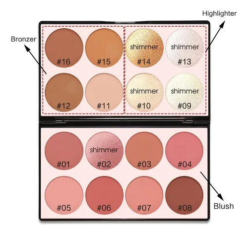 Paleta 16 Tonos: Contorno, Rubor, Bronceador Set1