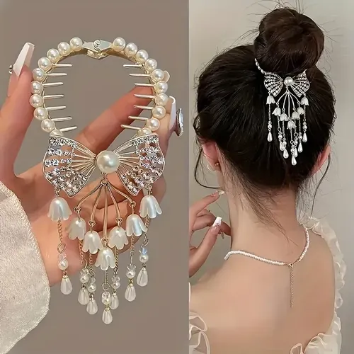 Broche De Pelo Con Perla, Cristal Y Lazo De Moda