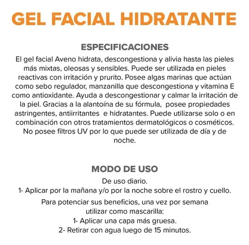 Gel Crema Hidratante Facial Piel Sensible Mixta Aveno 50g