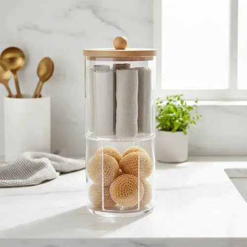 Organizador Cosméticos Doble Piso Acrílico Tapa Bambú 17x7cm