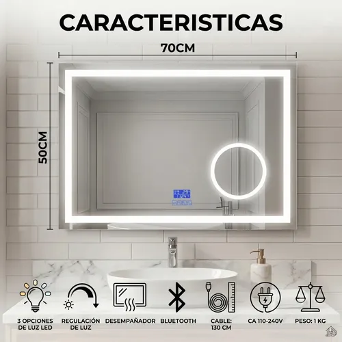 Espejo Moderno Bluetooth Luz Led Desempañador Baño 50×70 Espejo