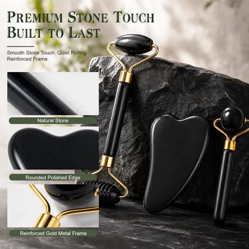 Set Masajeador Facial Jade Roller Gua Sha 3 Piezas Negro