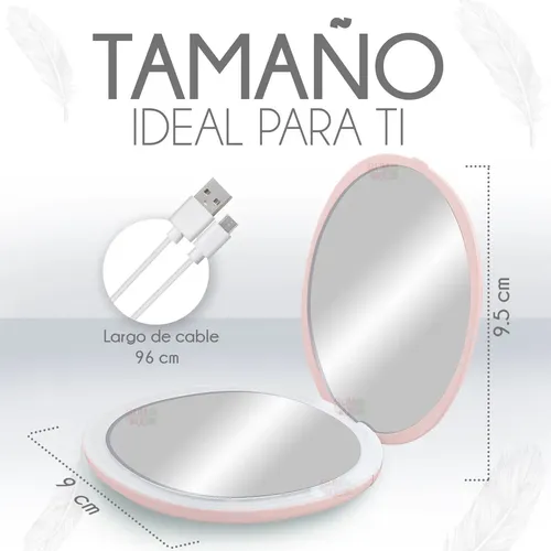 Espejo De Maquillaje Portátil Y Recargable Usb Con Luz Led Y Aumento Plegable Para Bolsillo Viaje Color Rosa