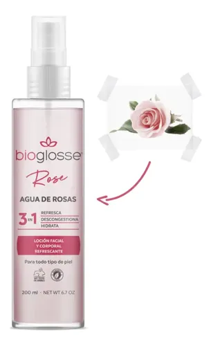 Loción Bioglosse Rose Agua de Rosas Floral 200mL Día/Noche Todo Tipo de Piel