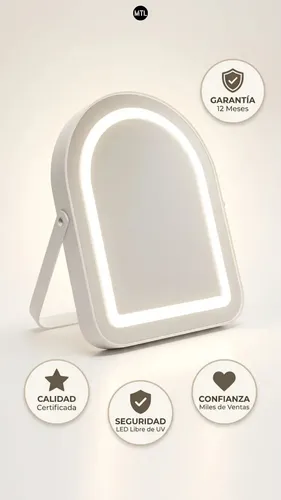 Espejo Maquillaje Led Mtl Luz Touch Ajustable Mesa Base Soporte Iluminacion Uniforme Portatil Diseño Moderno Tocador Belleza Hogar Espejo Luz Calida Blanca