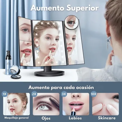 Espejo Tríptico LED para Maquillaje Norcel, Portátil con Aumentos y Luz Regulable Táctil
