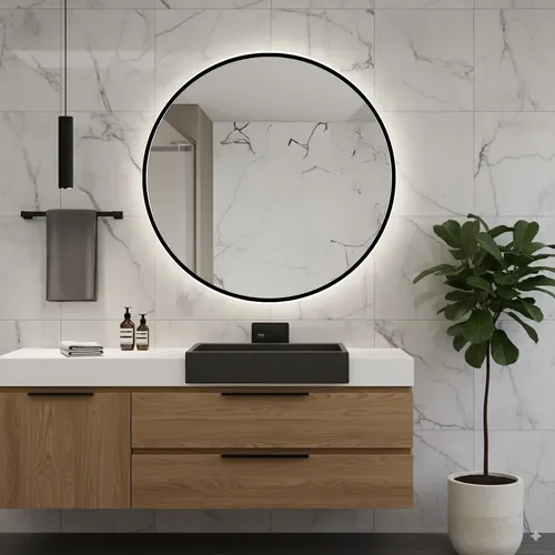 Espejo Luz Led Pared Baño 70 Cm Redondo Moderno Borde Negro