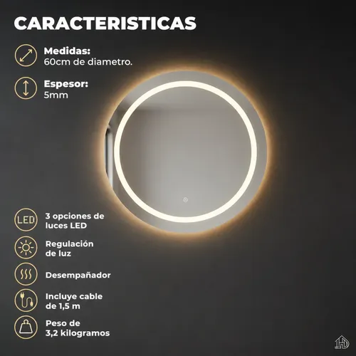 Espejo Redondo Baño 60cm Luz Led Circular Borde Pulido
