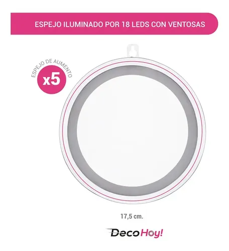 Espejo Led Maquillaje Ventosas Aumento X5 Cromado 18 Led