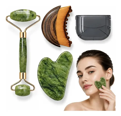 Kit Masajeador Facial Jade Roller Gua Sha Y Cepillo 3 En 1