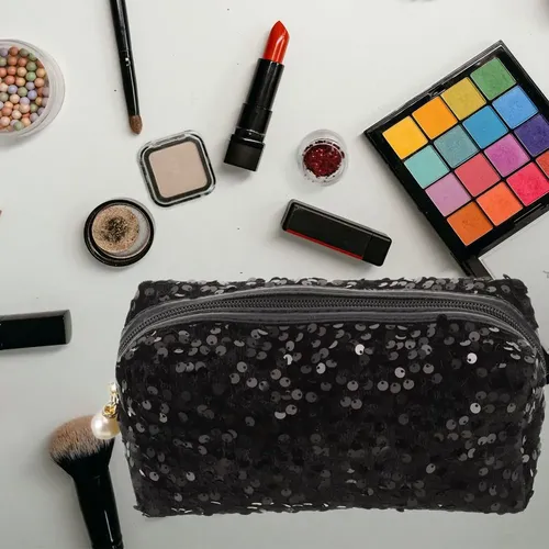 Cw Bolsa De Maquillaje Con Purpurina Negra Y Lentejuelas