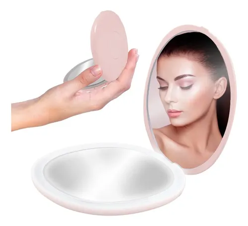 Espejo De Maquillaje Portátil Y Recargable Usb Con Luz Led Y Aumento Plegable Para Bolsillo Viaje Color Rosa