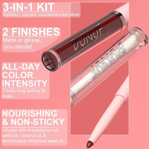 Set Labial 3 En 1 Dunuf Delineador Líquido Y Brillo