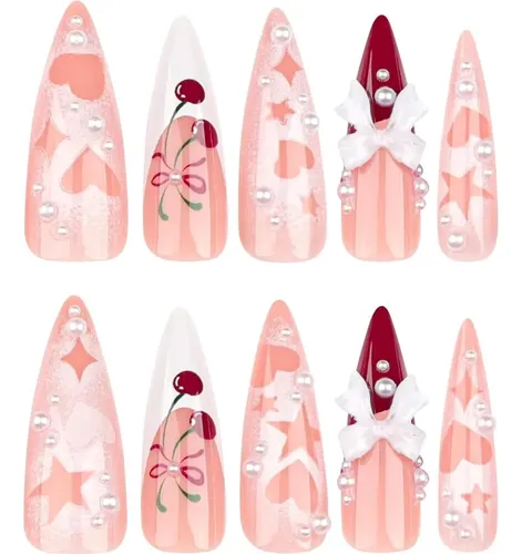 Uñas Adheribles French Tip Largas Stiletto Con Laço 3d