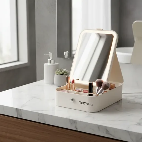 Espejo Led Porta Cosmeticos Usb Funda Simil Cuero