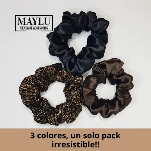 Scrunchie Raso, Colita De Pelo Pack 3 Unidades Negro/chocolate/dorado