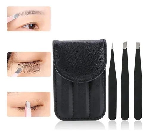 Juego De Pinzas De Acero Inoxidable Para Cejas Con Estuche B Negro