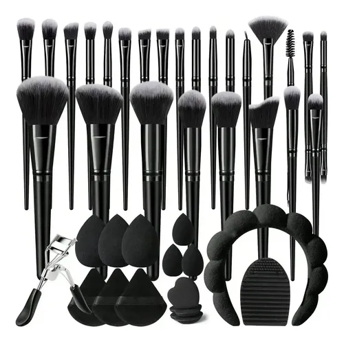 Set 25 Brochas Y Esponjas De Maquillaje Negro Profesional