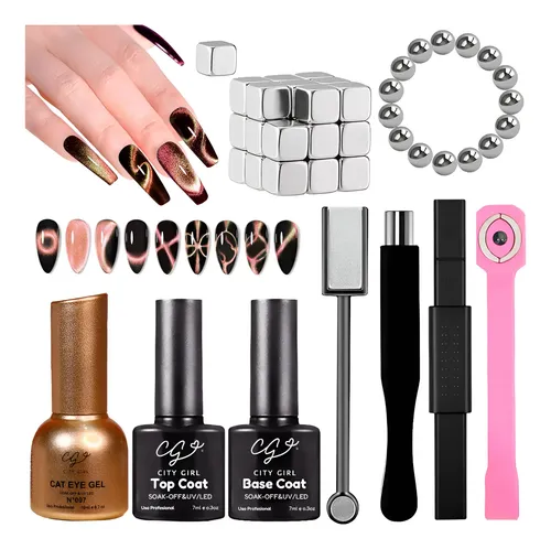 Kit Uñas Esmalte Gel Semipermanente Ojo De Gato Iman Cat Eye
