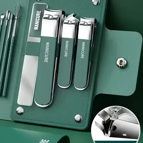 Set Manicura 10 Piezas Con Cortaúñas Y Estuche Verde Oscuro