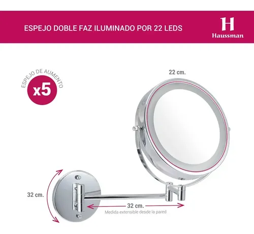 Espejo Para Maquillaje Led Pared Aumento X5 Doble Faz Vip
