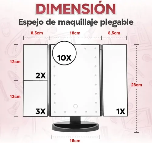 Espejo Led Plegable Con Aumento Para Maquillaje Y Skincare